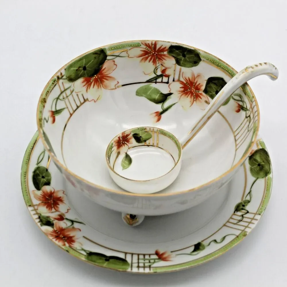 Antique Nippon Hand Painted Mayonnaise Condiment Bowl Under Plate Ladle Japan